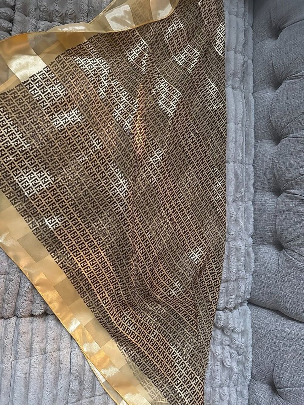 Fendi Zucca FF Monogram Silk Scarf, Gold and Brown with Satin Border